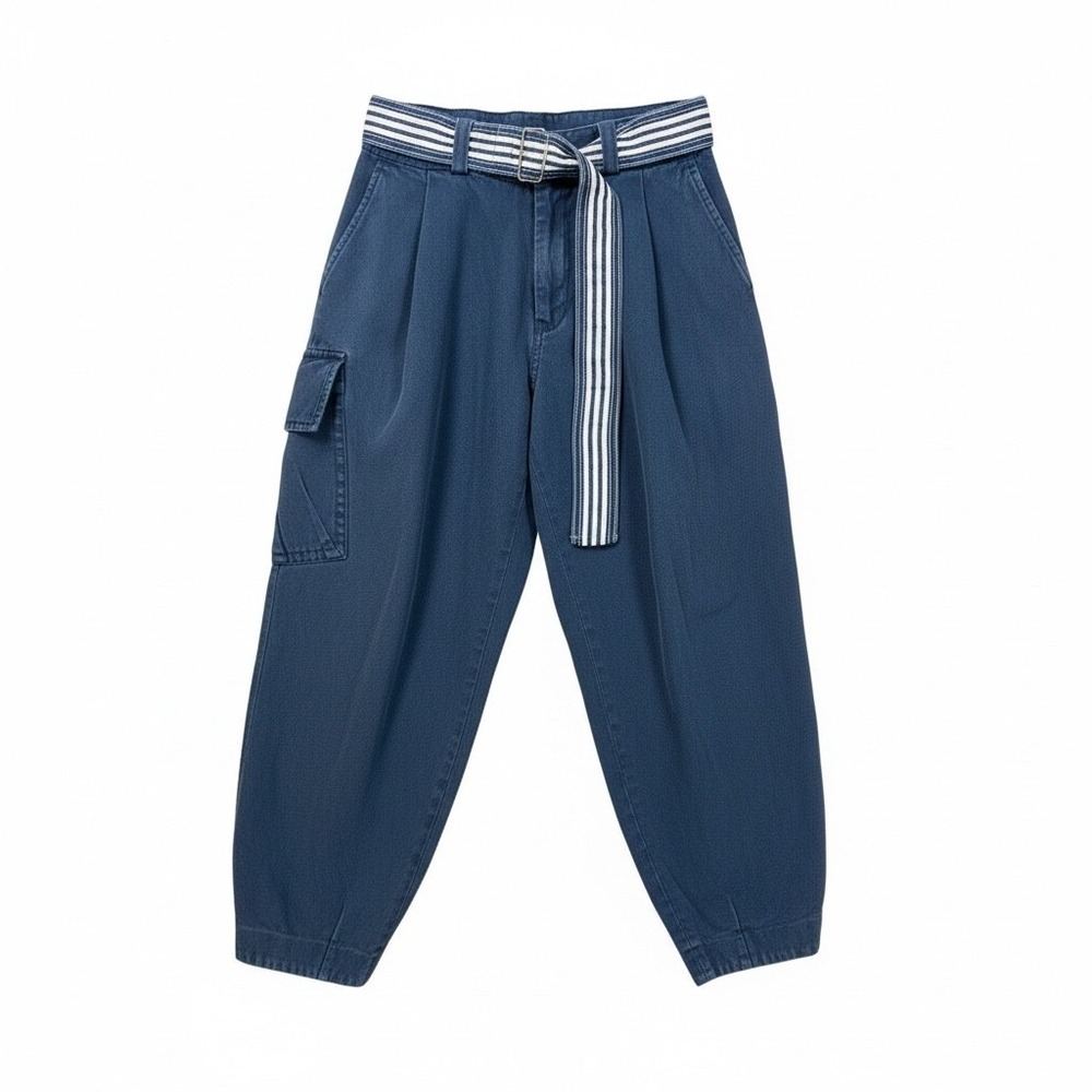 TFP Navy Blue Cotton Linen Cargo Pants Relaxed Tapered Joggers Belt M unisex